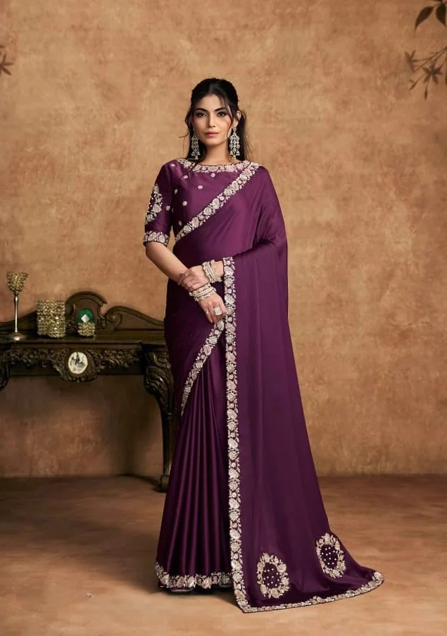 Traditional Silk Saree with Border – Deep Purple